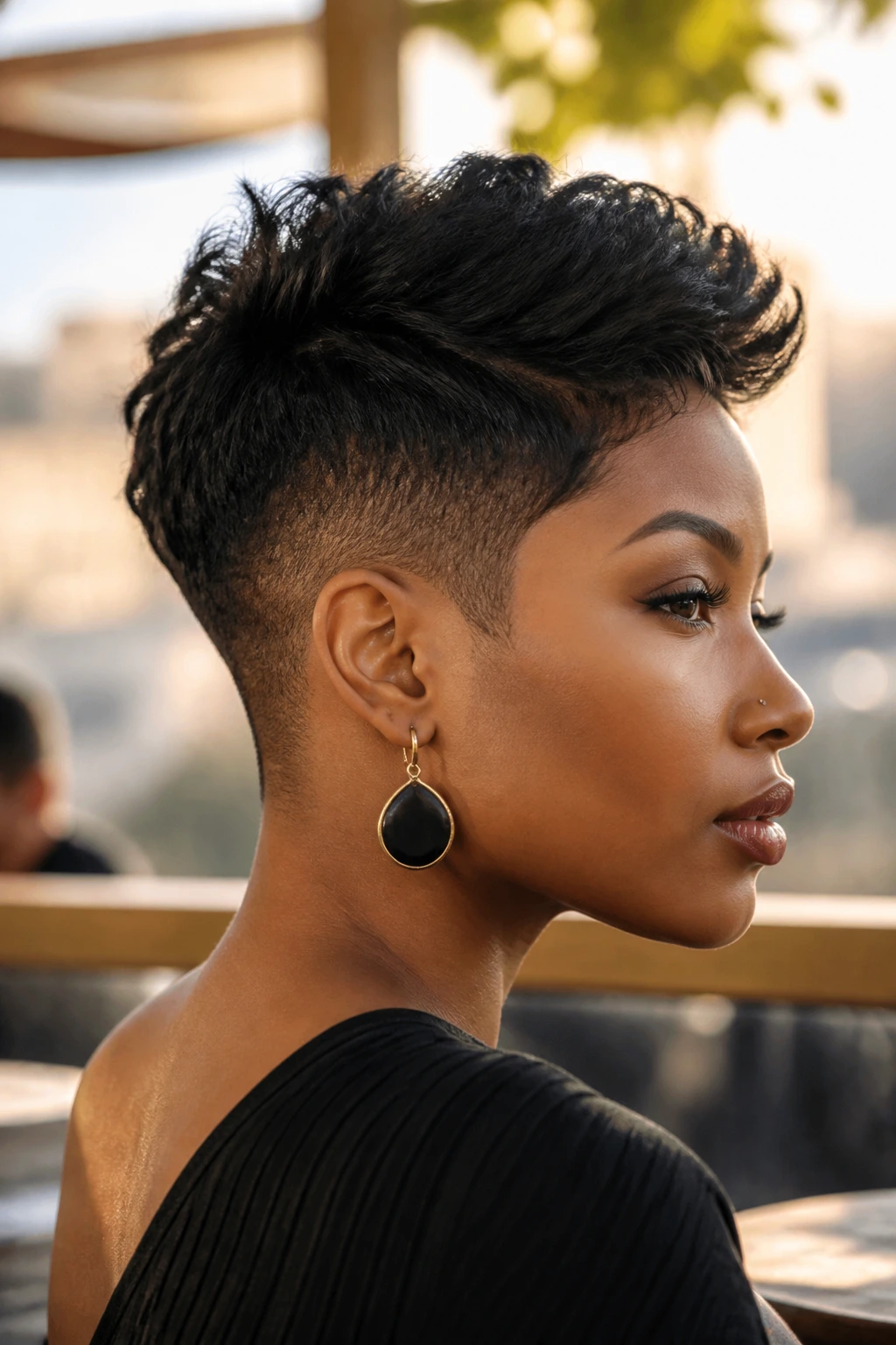 Close-up portrait of a Black woman with a buzzed nape pixie height in golden hour light