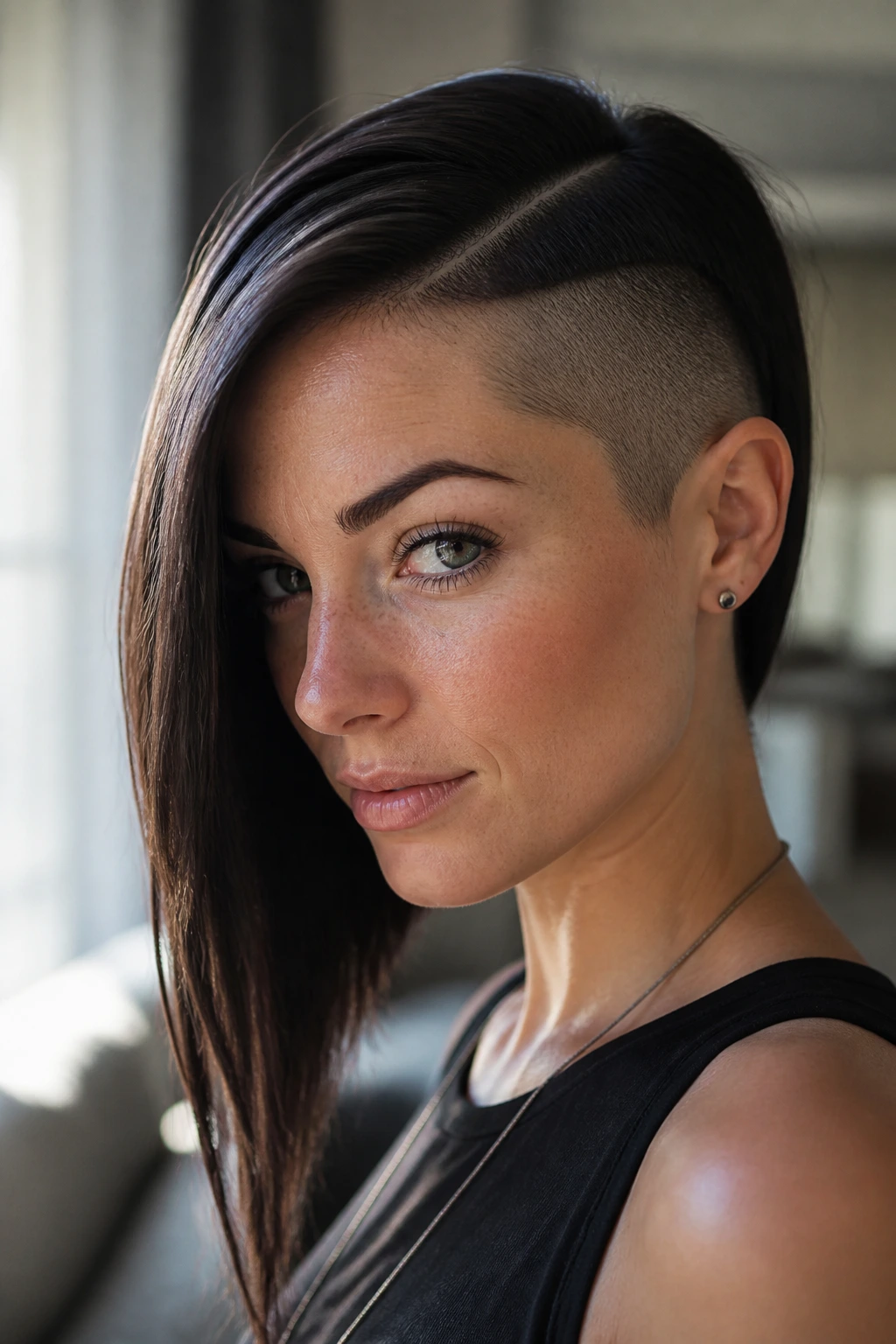 Close-up portrait of a woman with a buzzed panel and deep side part