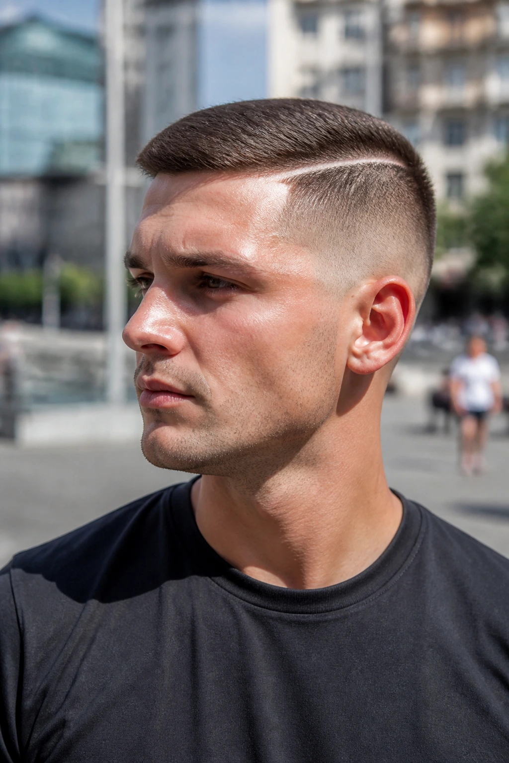Close-up portrait of a person with a buzzed side part and crisp top