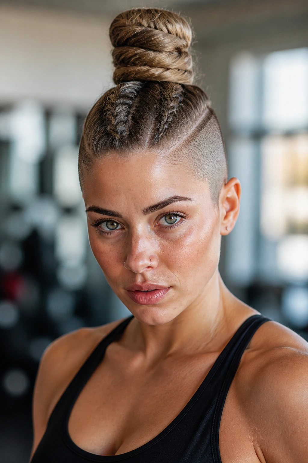 Portrait of a woman with buzzed sides and braided topknot.