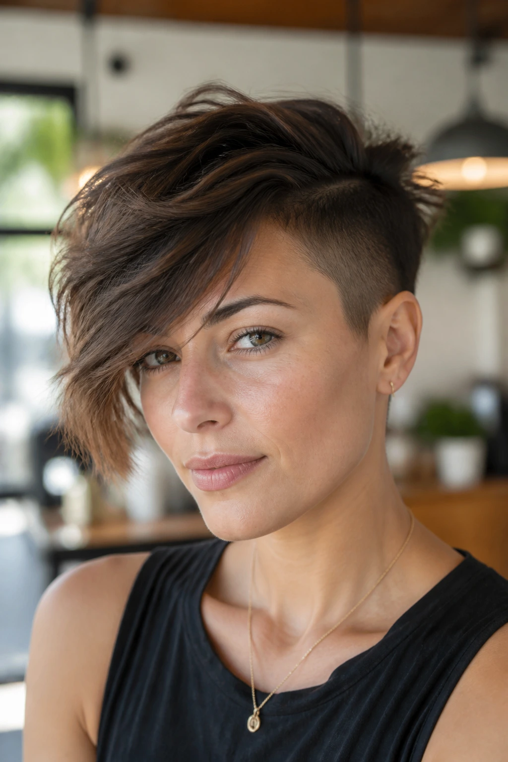 Close-up portrait of a woman with buzzed sides and a long fringe