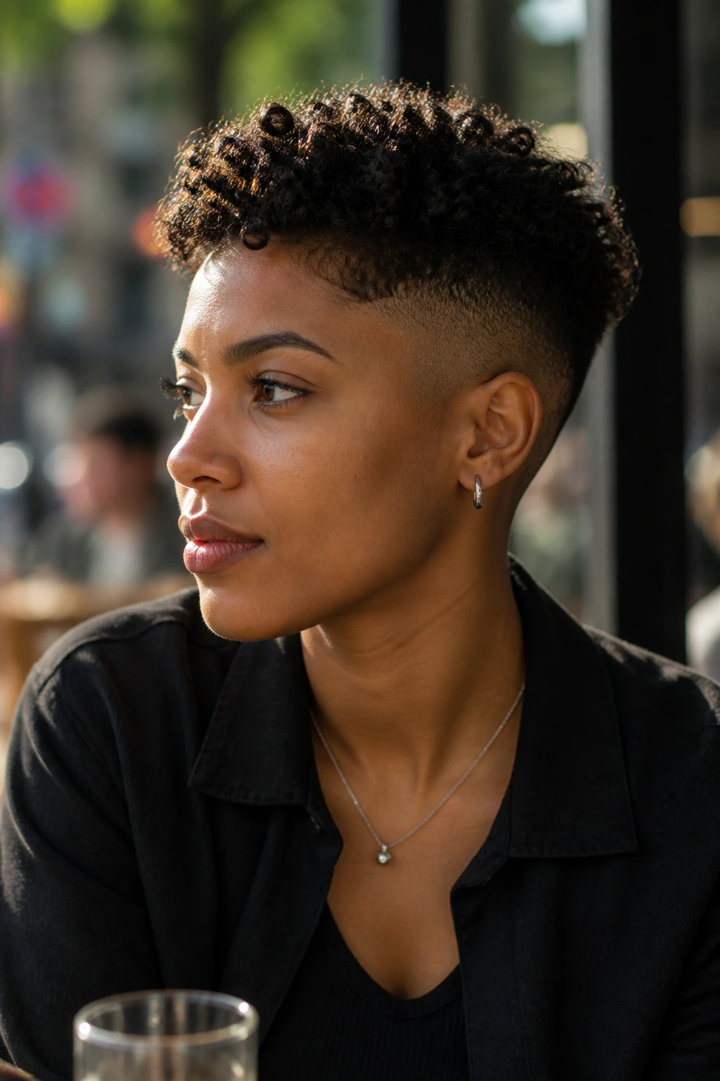 Close-up portrait of buzzed sides with textured top hairstyle on a real person
