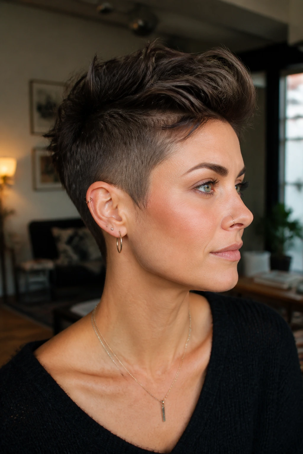 Close-up of a real woman with buzzed temple pixie hairstyle