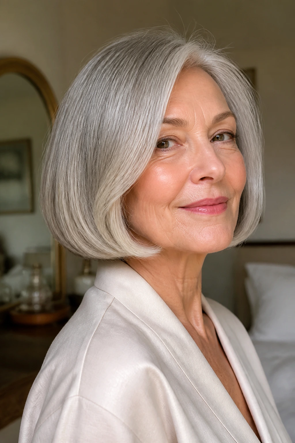 Close-up portrait of an older woman with a C-Curl bob
