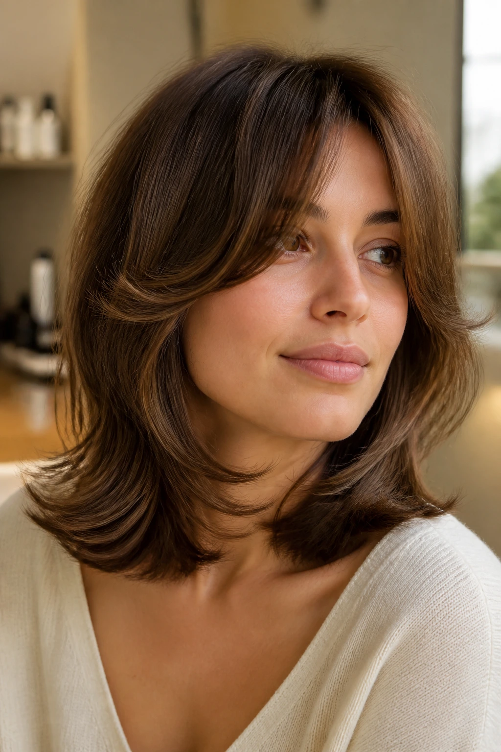 Close-up portrait of a real person with C-Curl Shag and rounded ends in warm lighting.