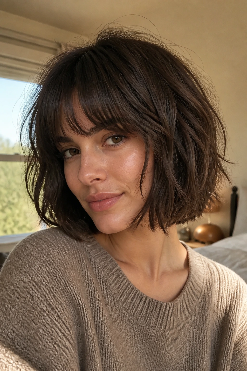Close-up portrait of brunette with tousled C-curved bob in warm bedroom light