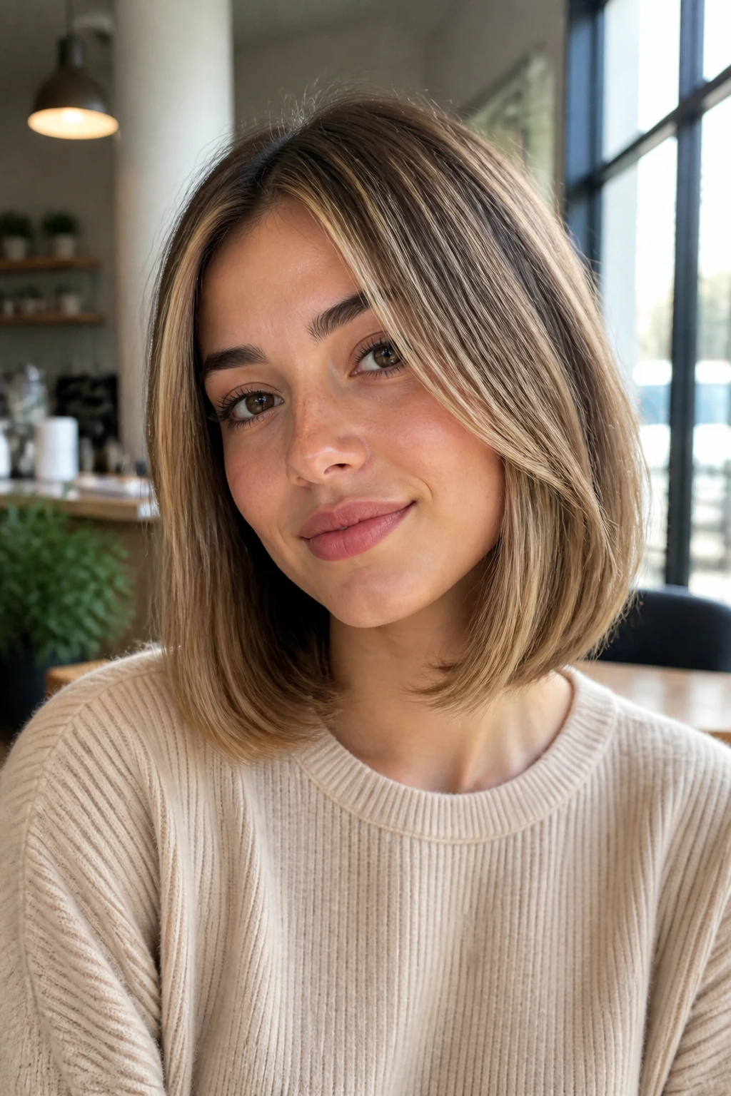 Close-up portrait of real woman with C-Curve lob curling under at ends