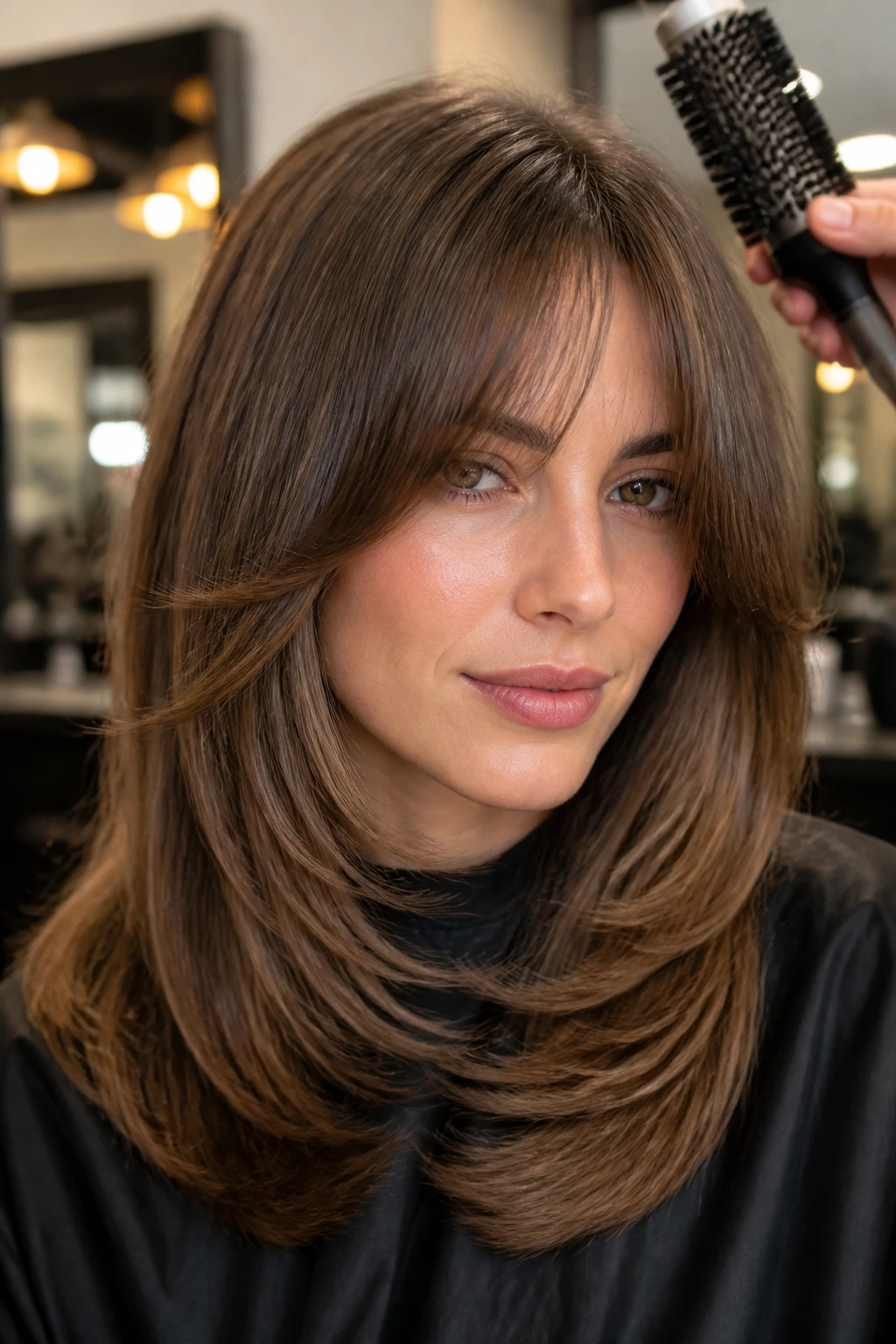 Close-up of a woman with C-cut blowout layers and soft bangs in a warm interior
