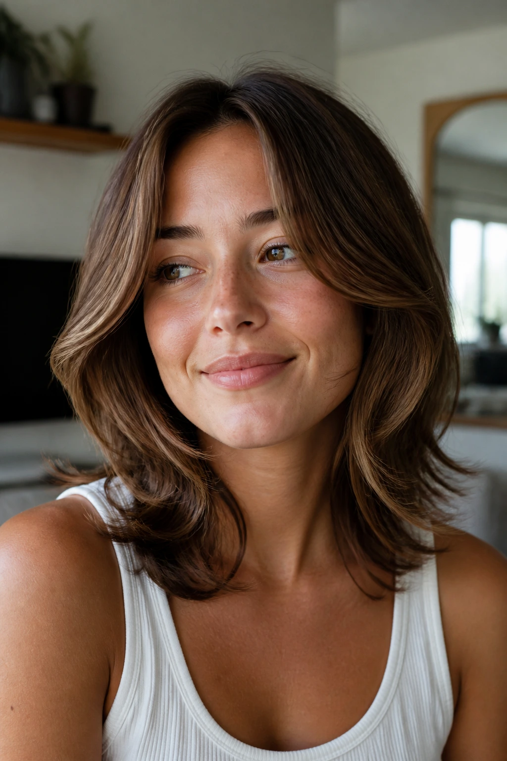 Close-up portrait of a real woman with a C-cut face frame around the cheeks