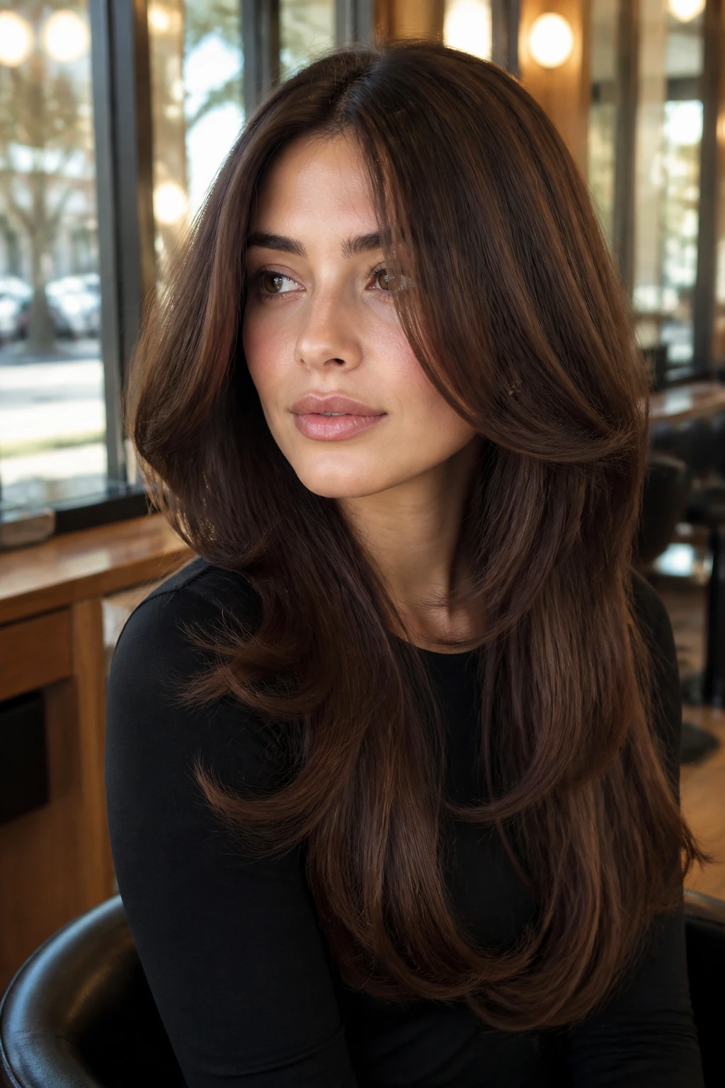 Close-up of a real woman with inward-curving face-framing C-cut layers