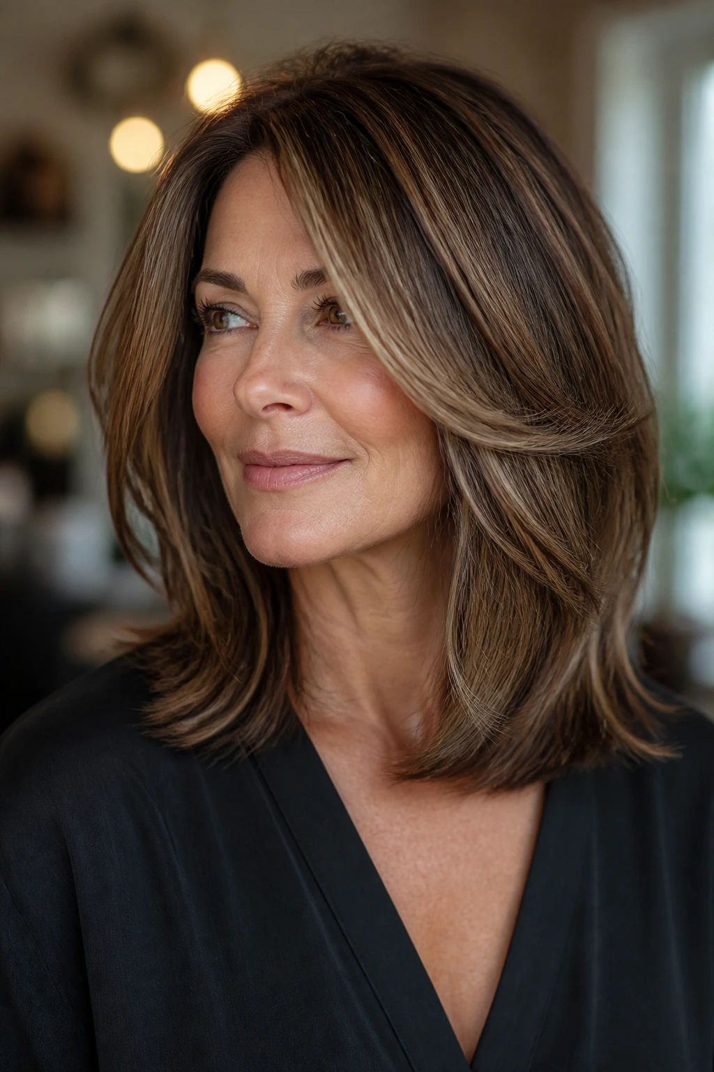 Close-up portrait of a real woman with thick hair styled in a C-Cut face-framing midi
