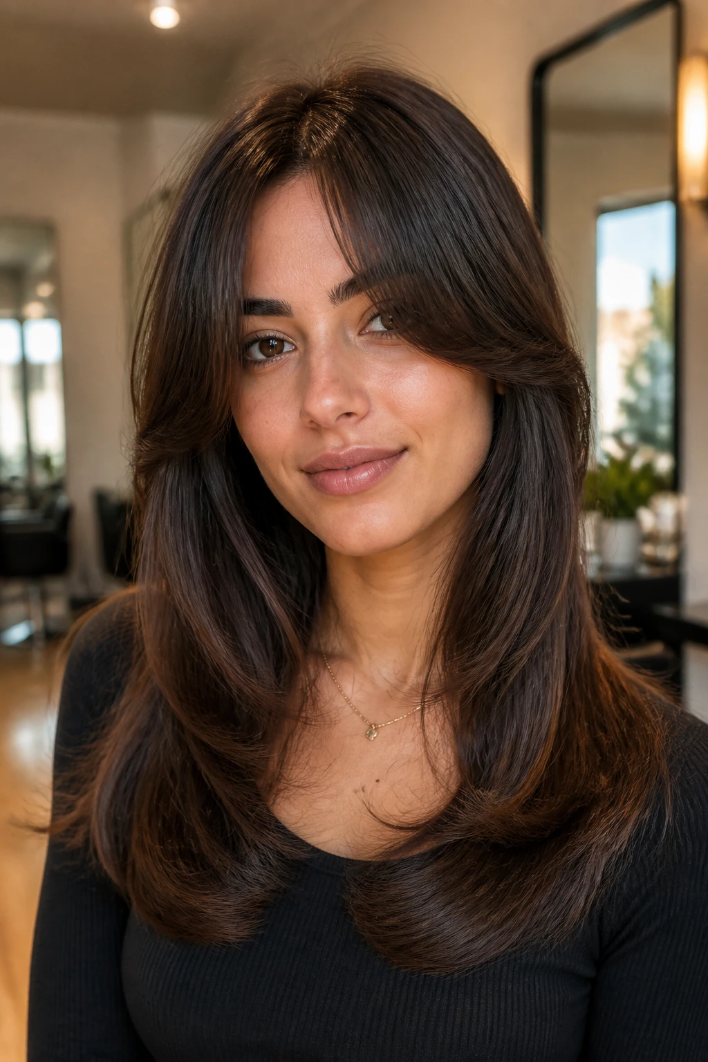 Portrait of a real person with inward-curving smooth layers and blended curtain bangs