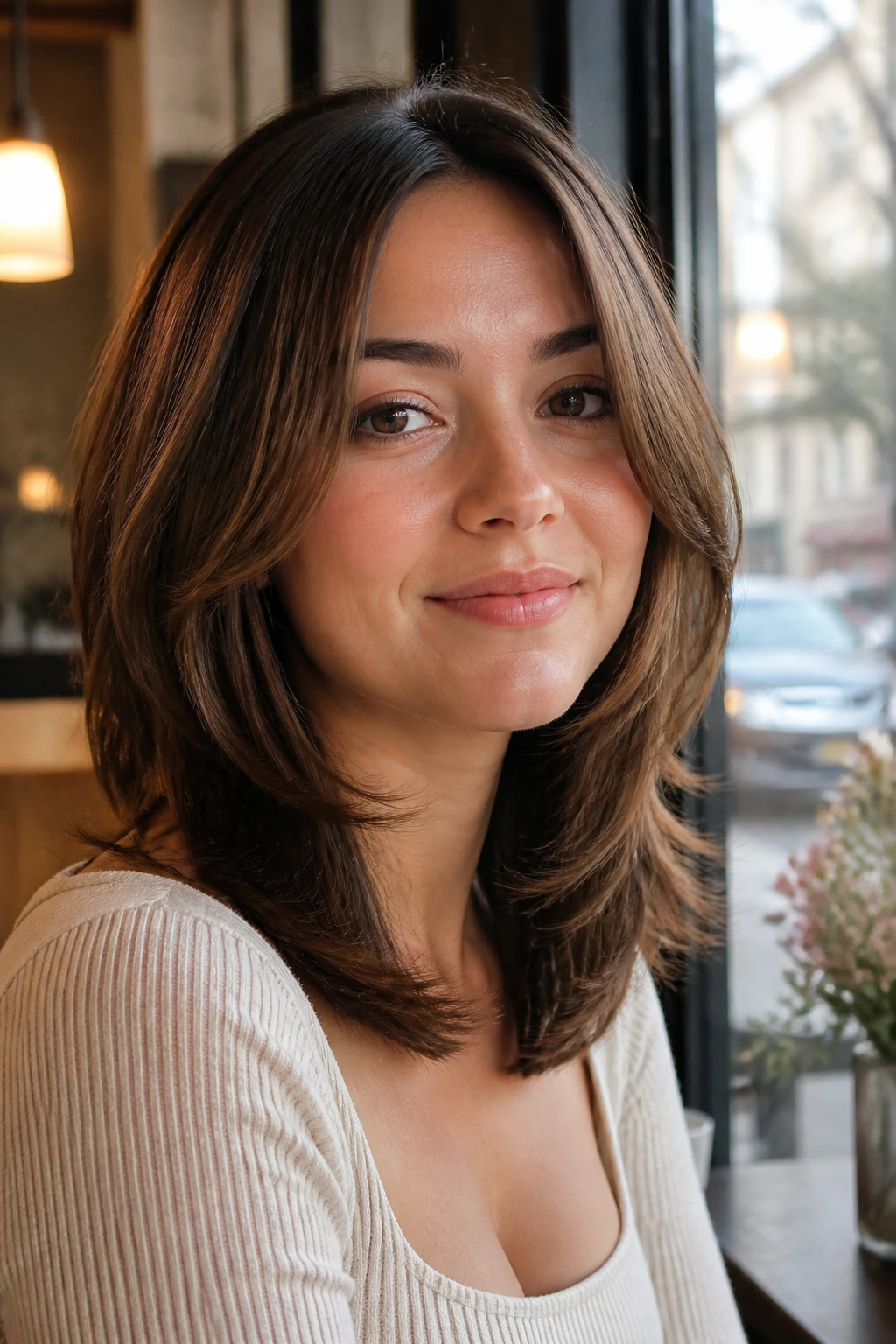 Close-up of a real woman with a soft C-cut layer around the face