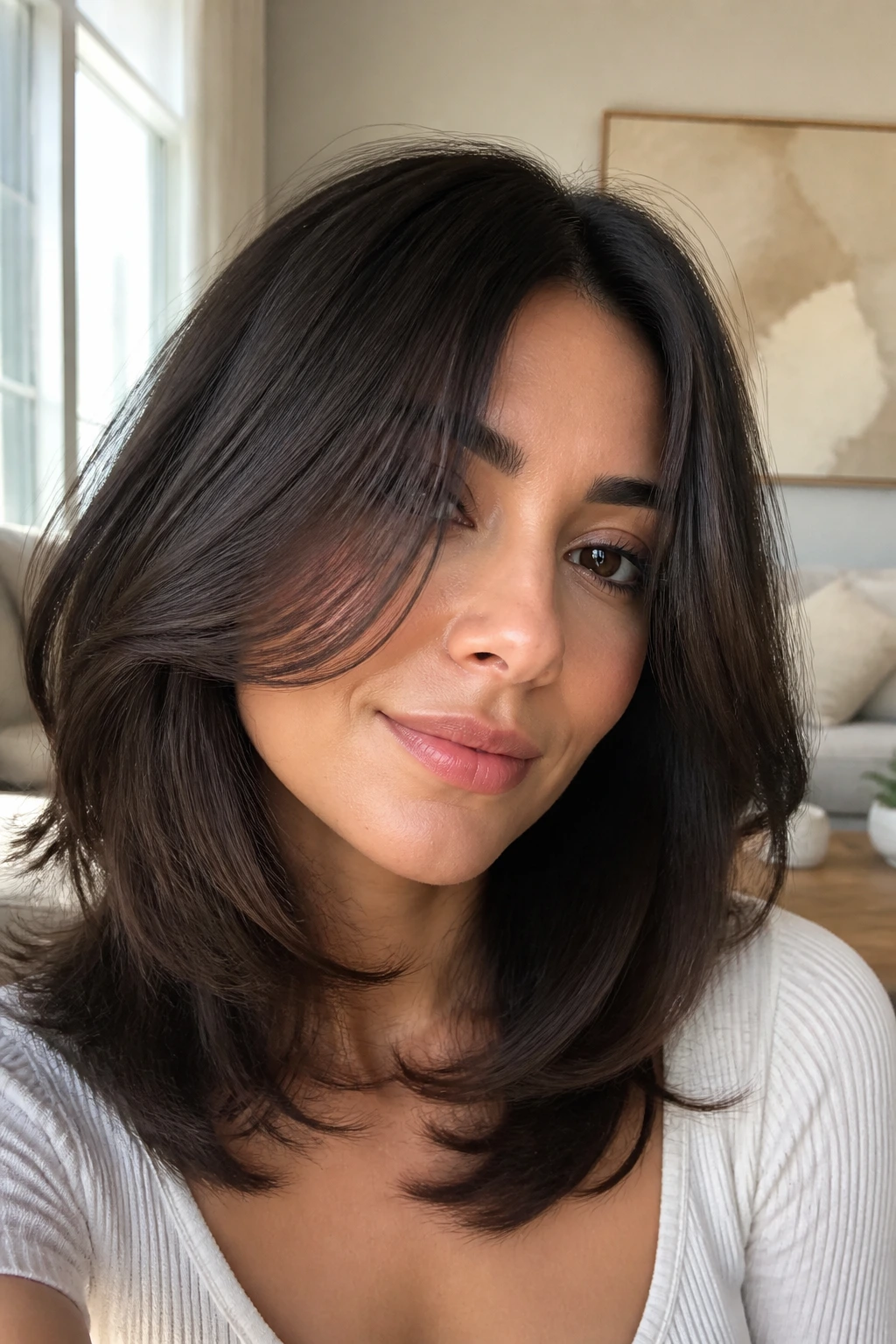 Close-up of a real woman with inward-curved C-cut layers framing the face