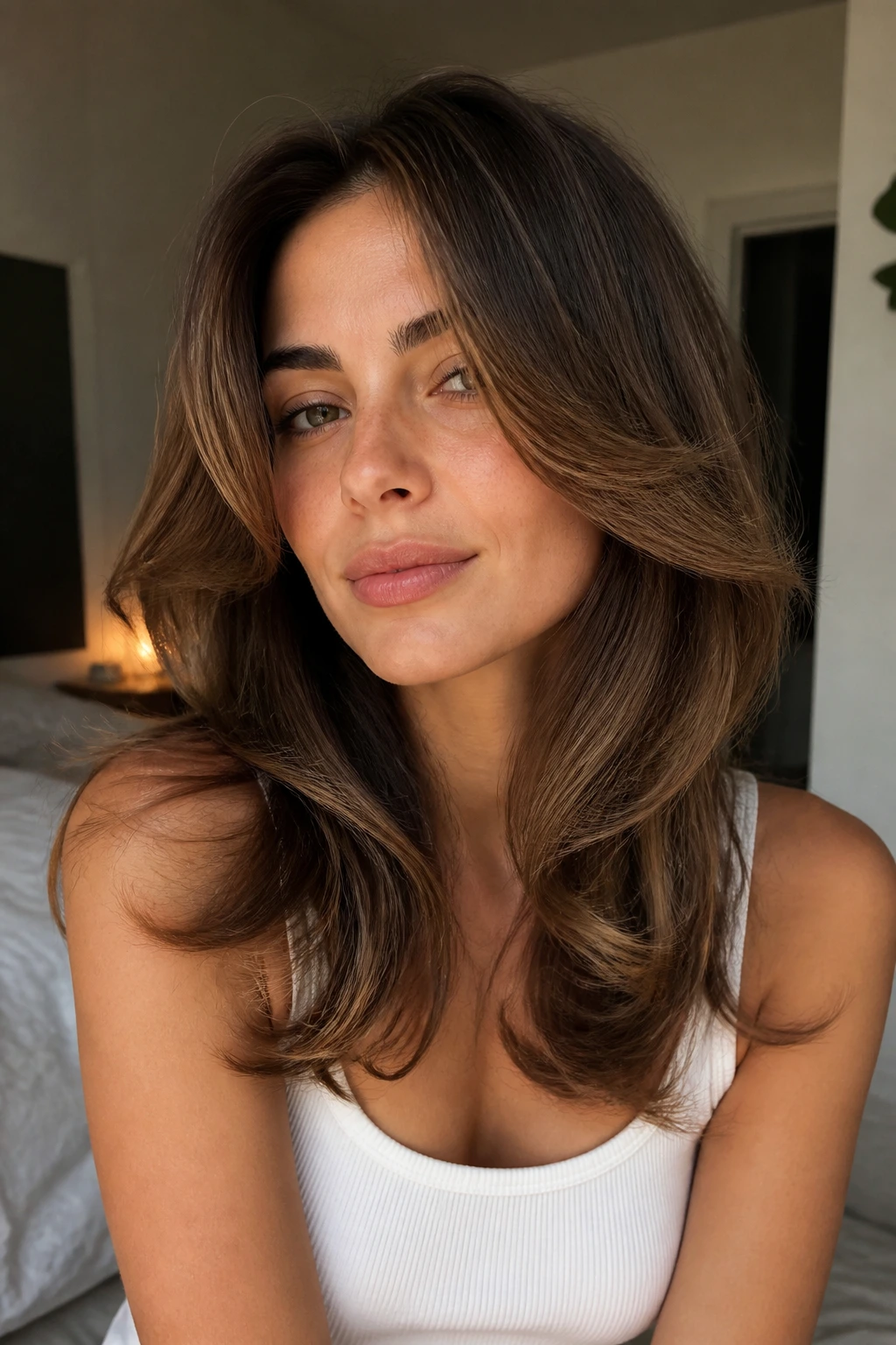 Close-up of a real woman with a C-cut layered haircut framing her face
