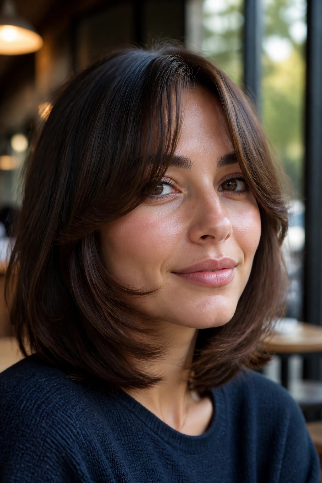 Close-up of a woman with C-cut layers and split fringe
