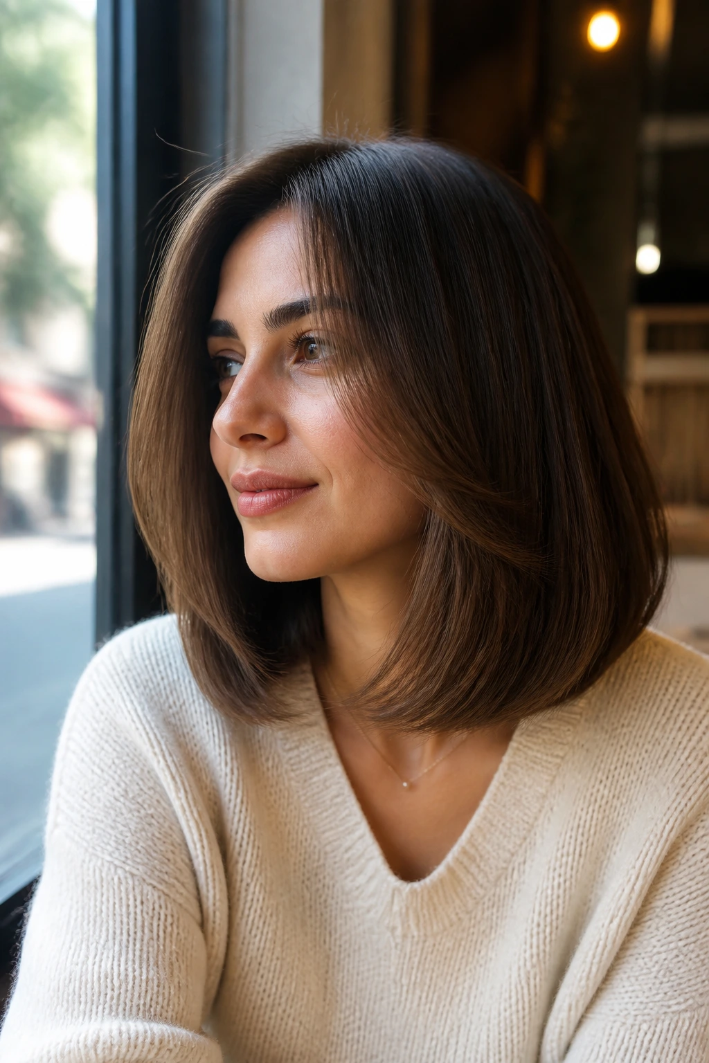 Real person with a C-cut lob forming a soft arc around the face in natural light