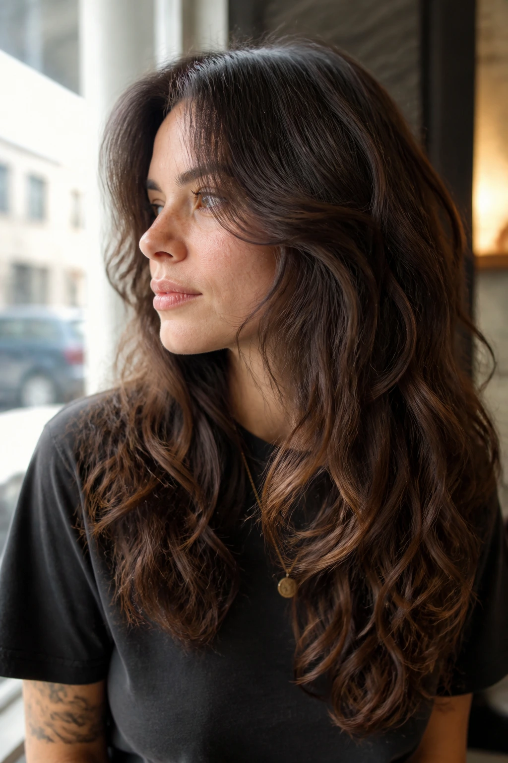Close-up of a real woman with a soft C-cut framing the face
