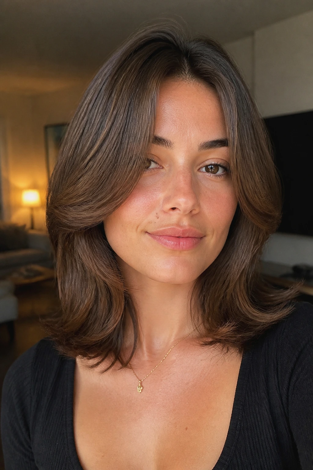 Real woman with C-shape layers around the cheekbones