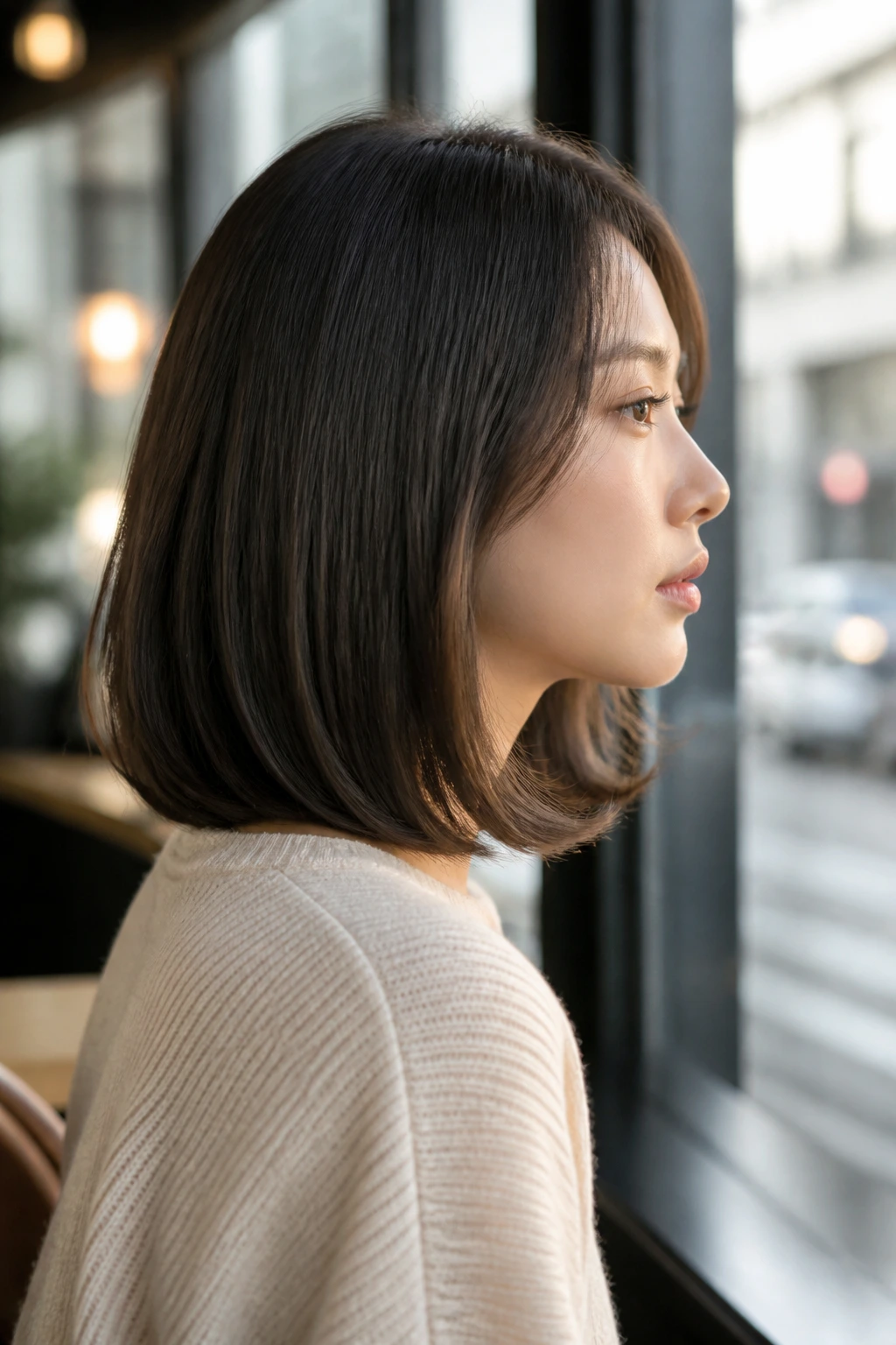 Side-profile of a woman with a C-shaped lob and rounded ends