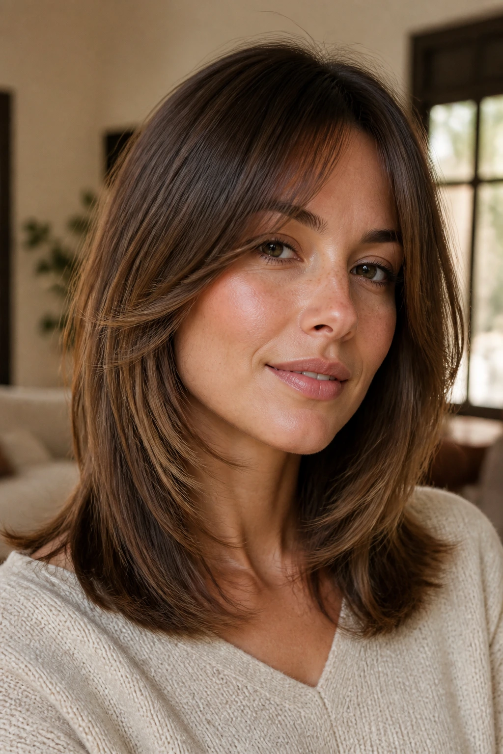 Close-up of a real woman with a C-Shape Face-Framing Shag and curved front layers