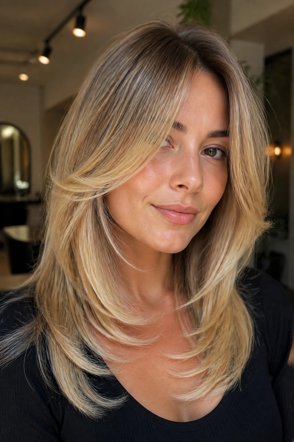 Portrait of a real woman with C-shaped layers and soft blonde ends