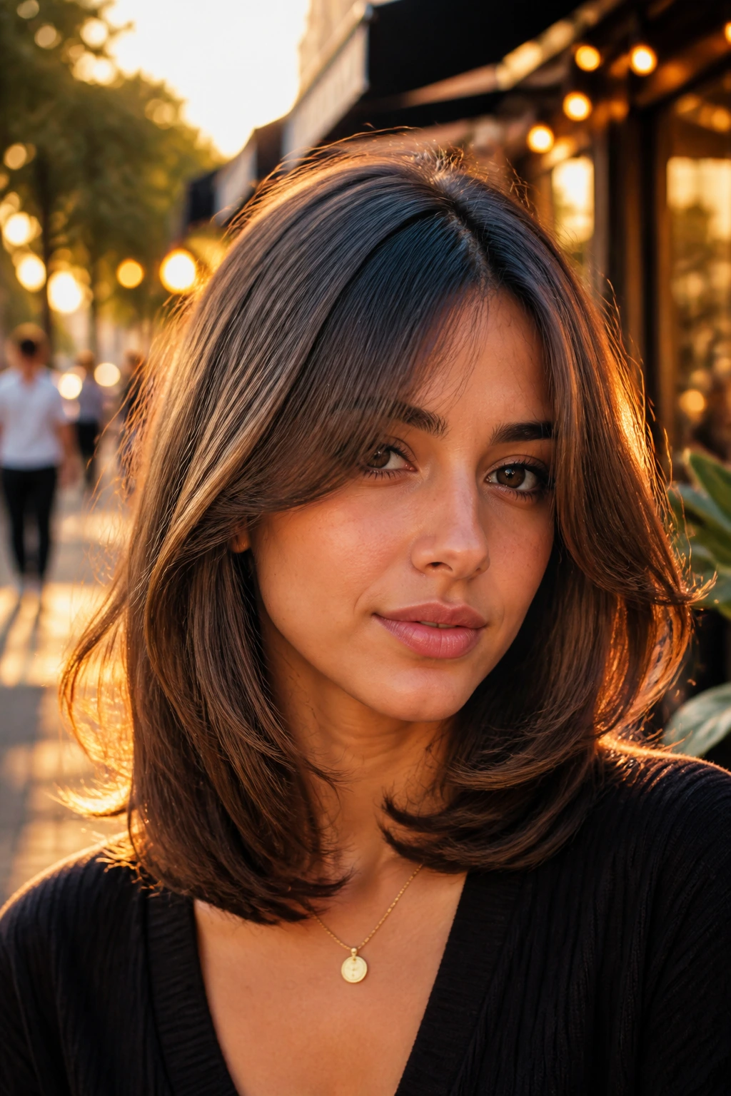 Portrait of a person with C-shaped layers and rounded blowout on city street at golden hour