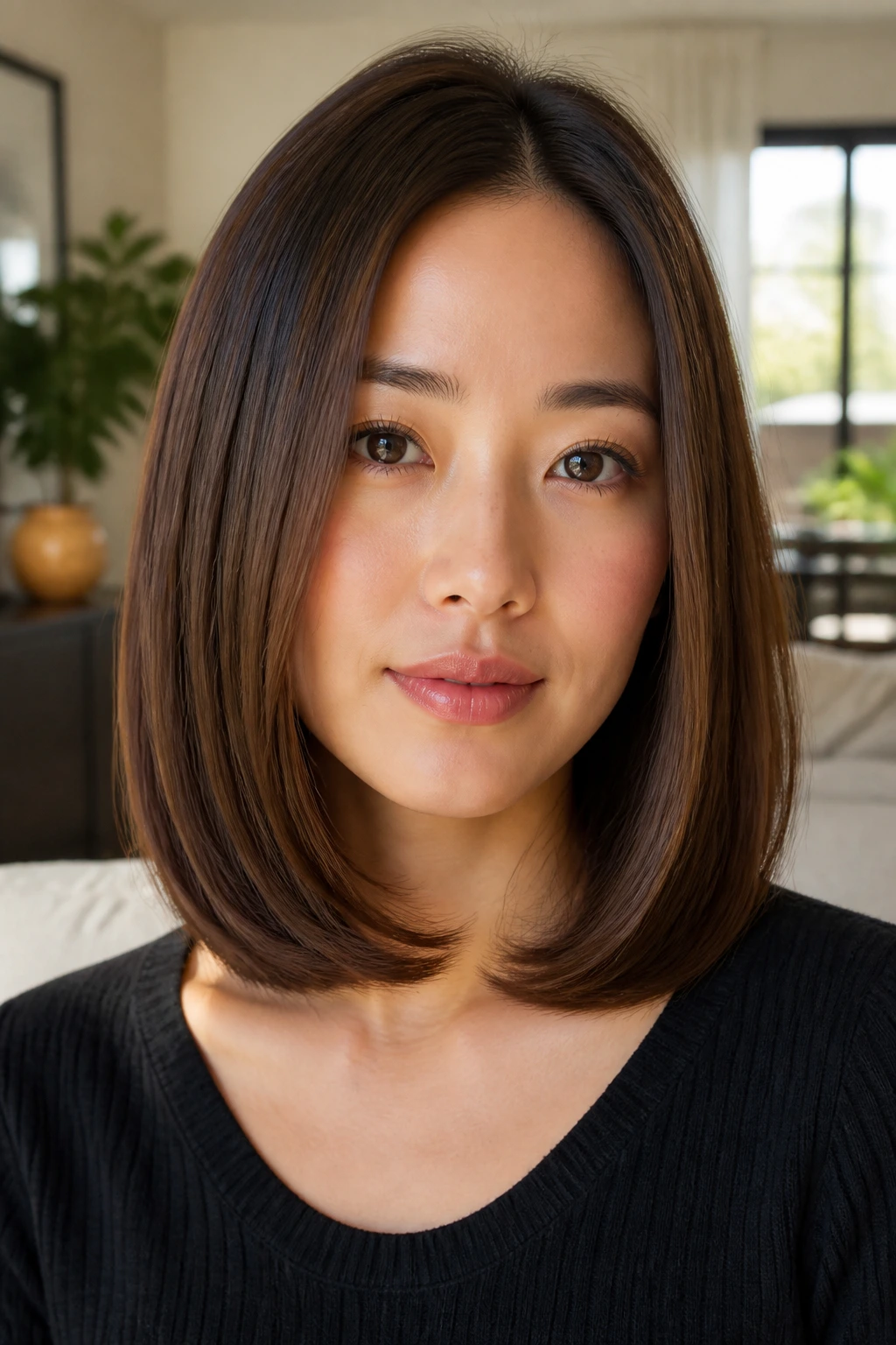 Close-up portrait of a real woman with a soft inward-curving C-shaped mid-length cut