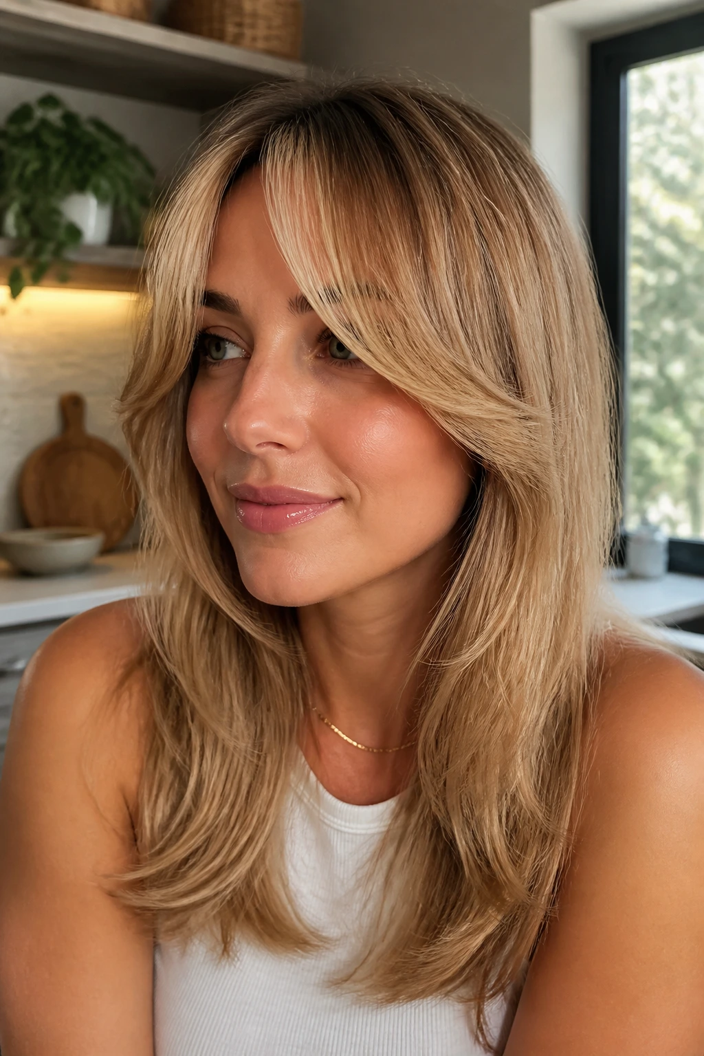 Close-up portrait of a real woman with a C-shaped wave curtain bangs