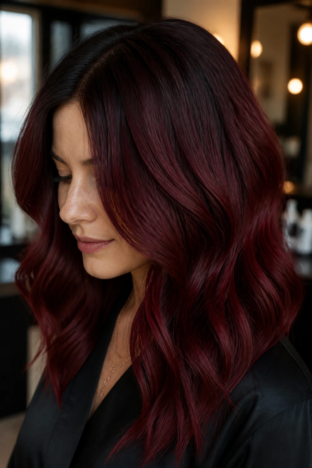 Close-up of Cabernet Shadow Root on a real person, dark roots blending into burgundy mids in a salon.
