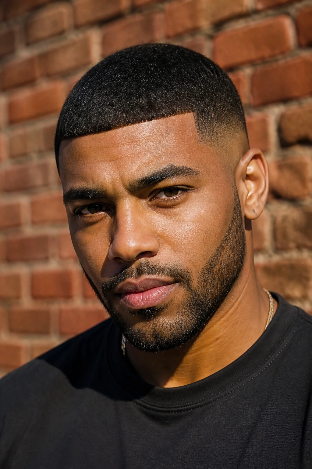 Close-up portrait of a Black man with a Caesar buzz haircut and short front fringe, urban brick backdrop.