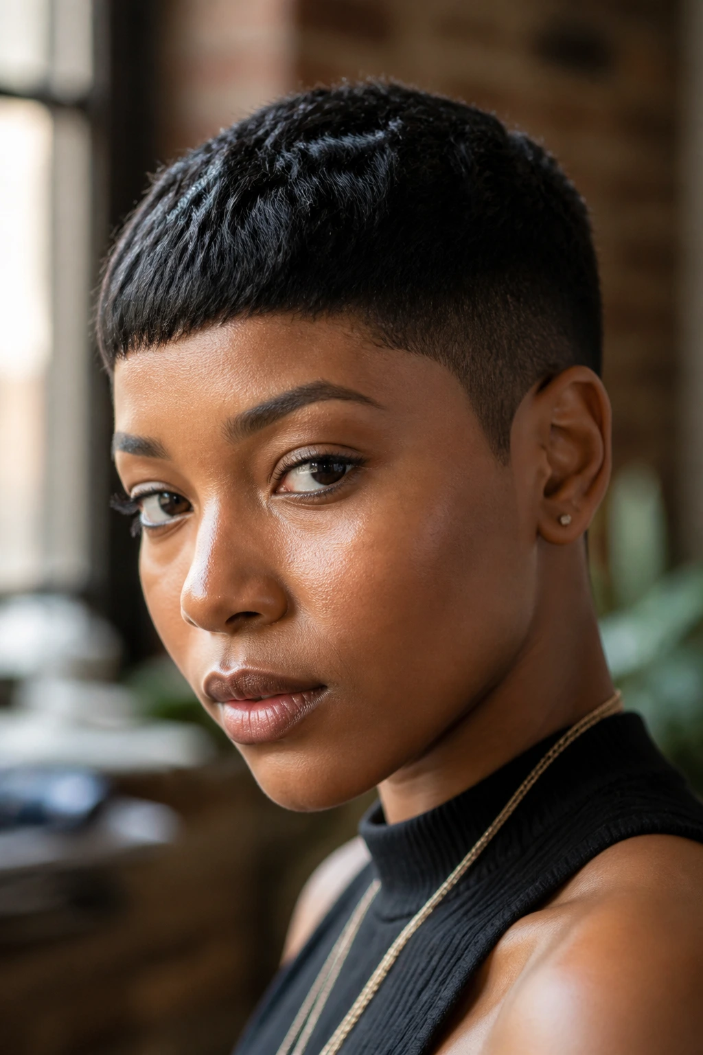 Portrait of a Black woman with a Caesar-inspired textured crop and forward fringe
