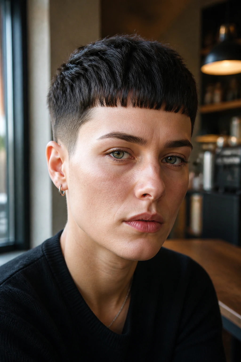 Real person with razor-edged Caesar crop hairstyle