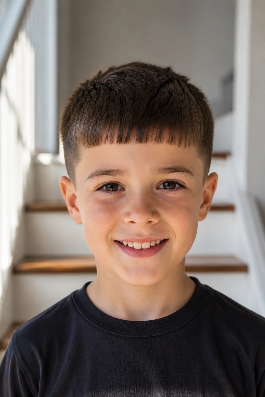Boy with Caesar cut front view in bright hallway background.