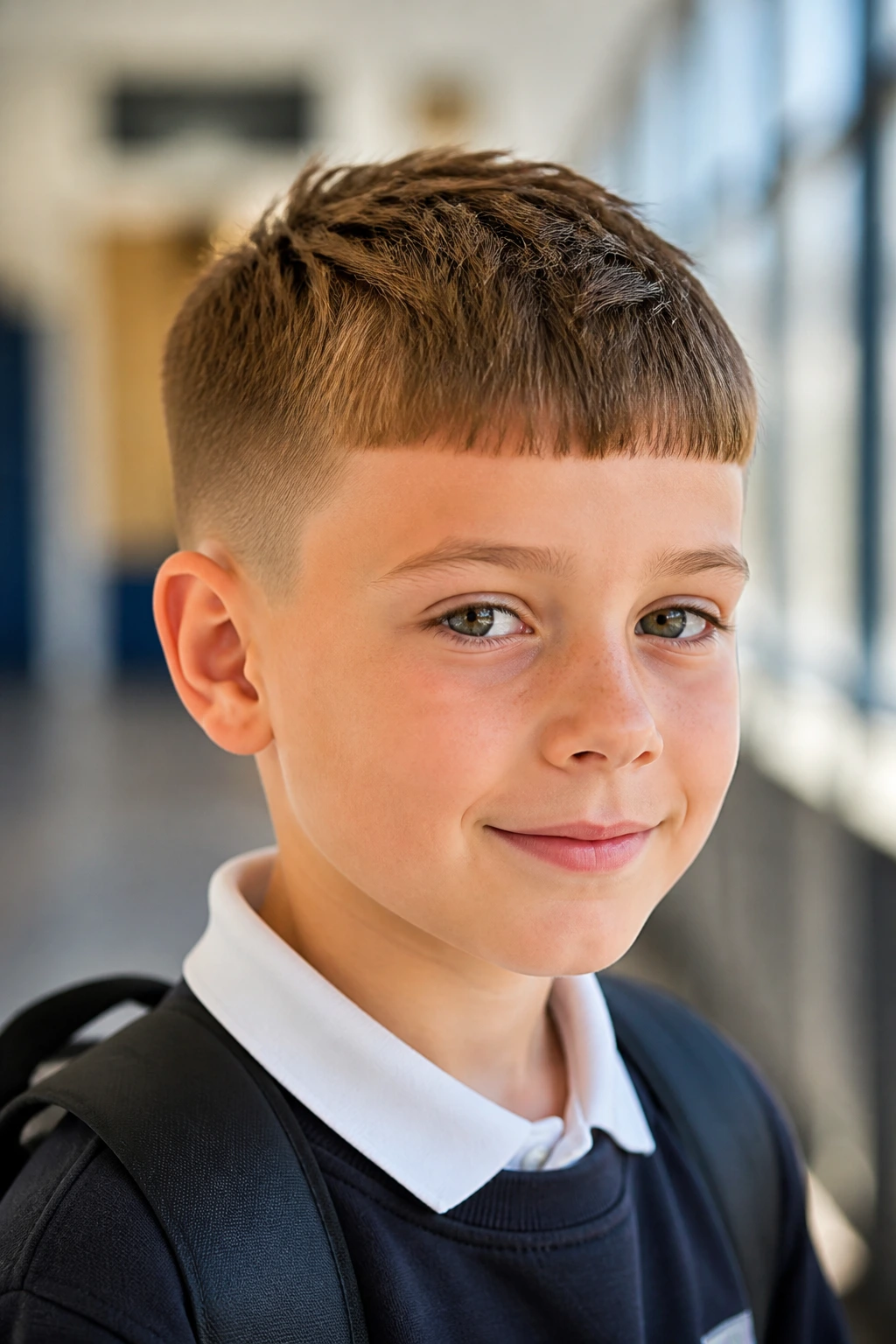Child with Caesar cut showing forward-fringe and short top in school hallway light.
