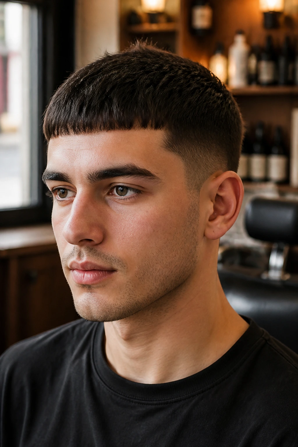 Close-up portrait of a man with a Caesar cut and short fringe