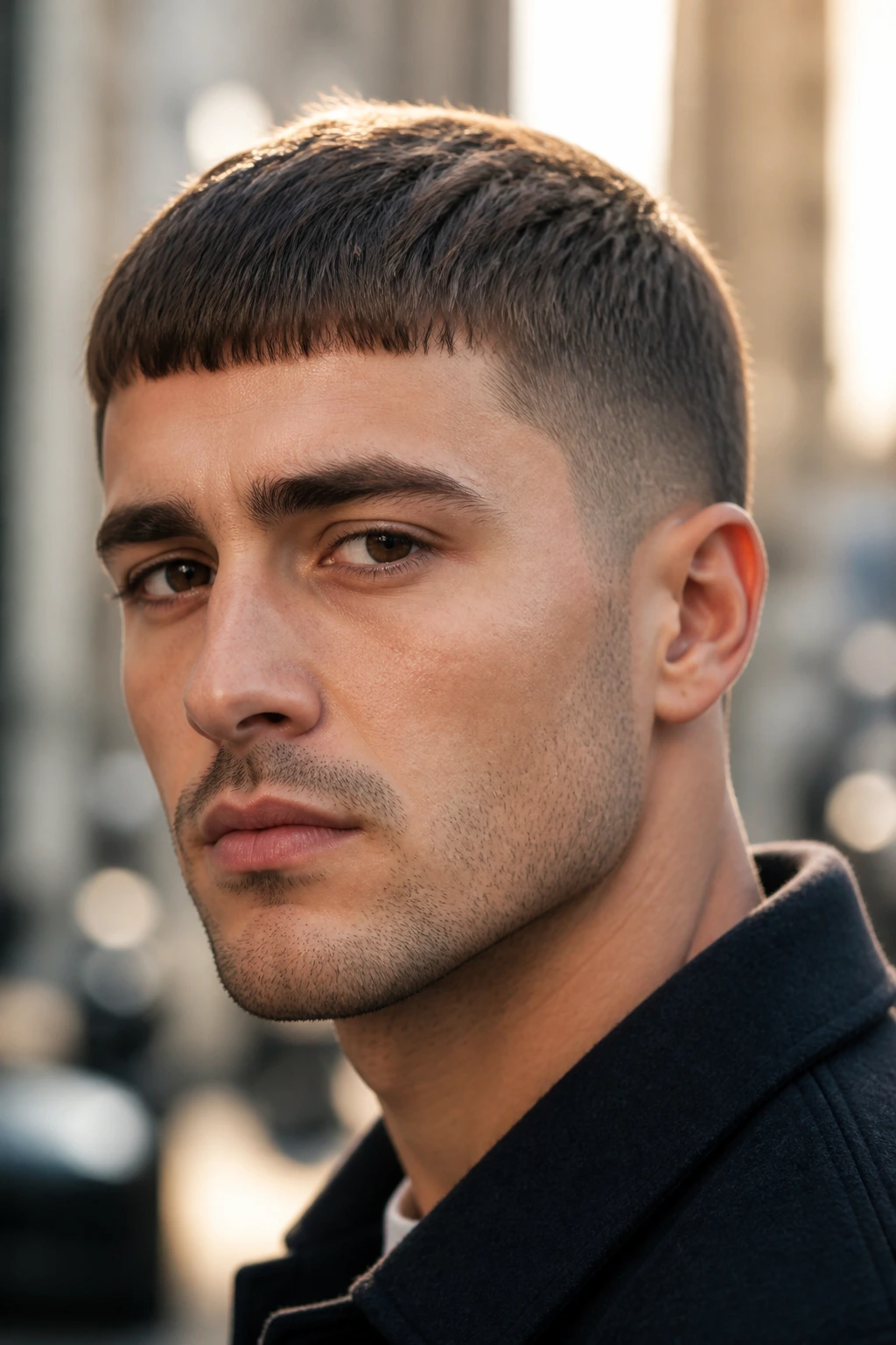 Close-up of a man with a Caesar cut on an urban street