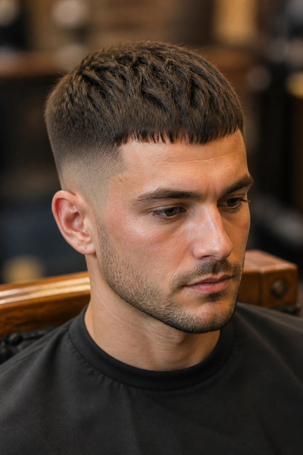Close-up portrait of a man with a Caesar cut and short forward fringe in a barbershop