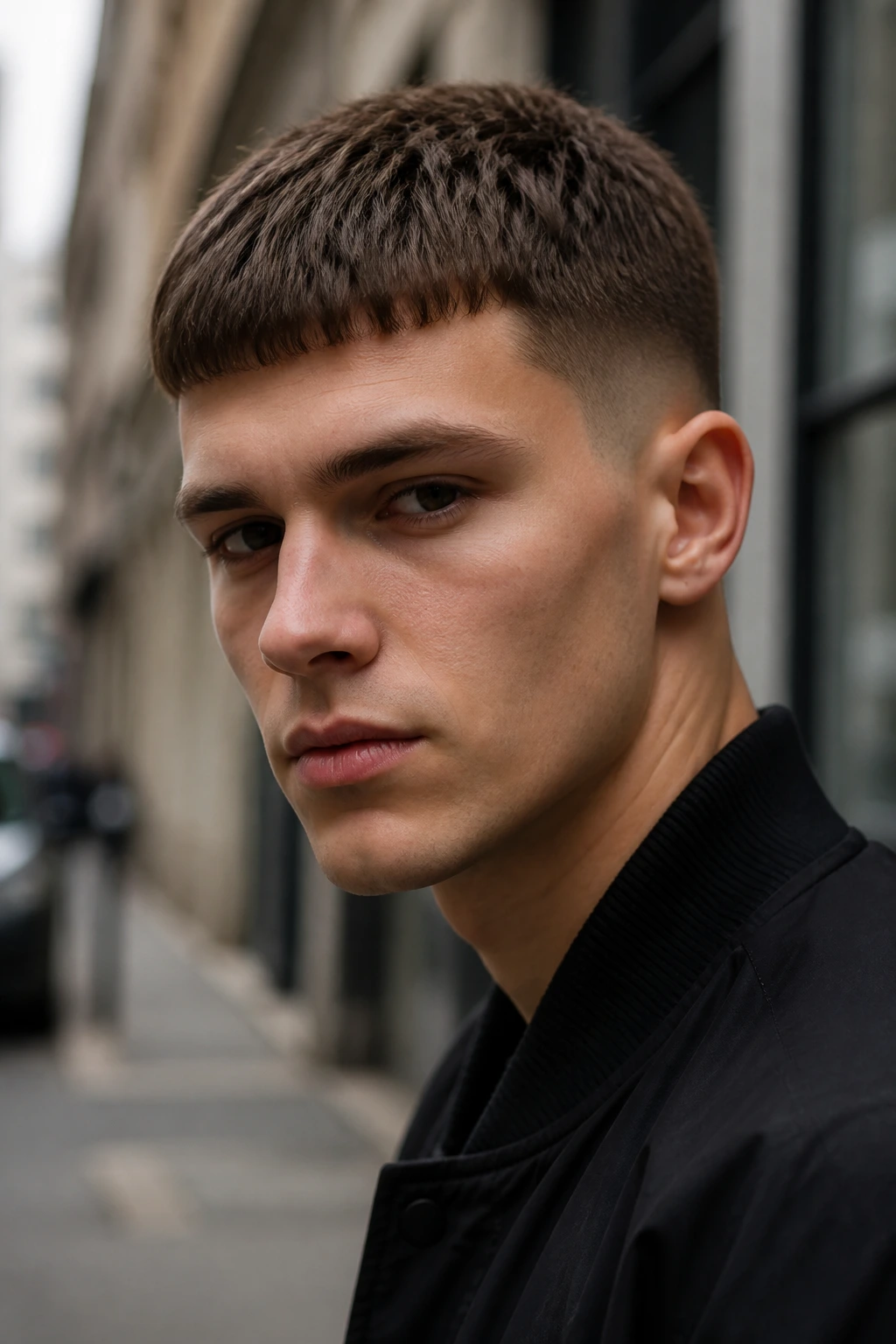 Close-up of a man with a Caesar cut and soft short fringe