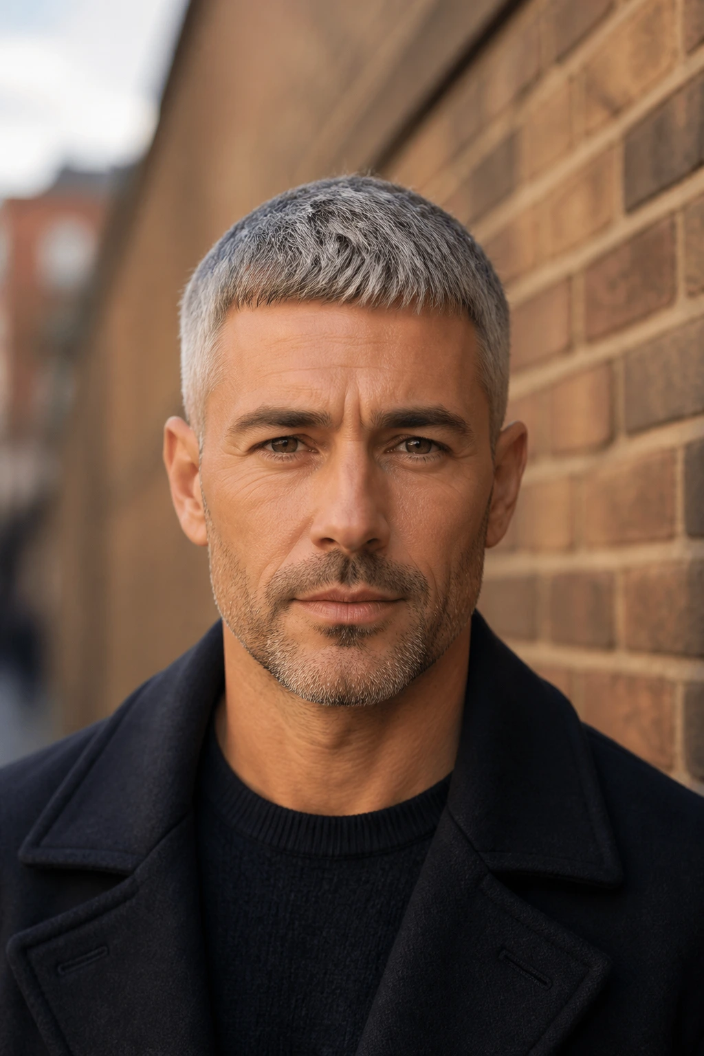 Close-up of man with Caesar cut and gray hair outdoors