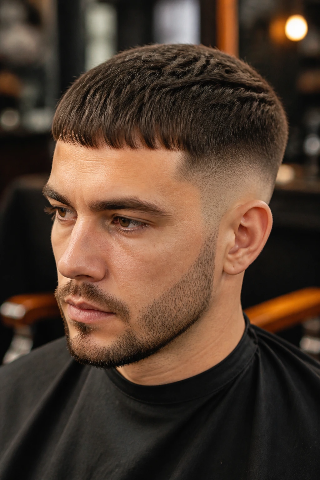 Close-up portrait of a man with a Caesar Cut featuring forward fringe and textured top in a barbershop.