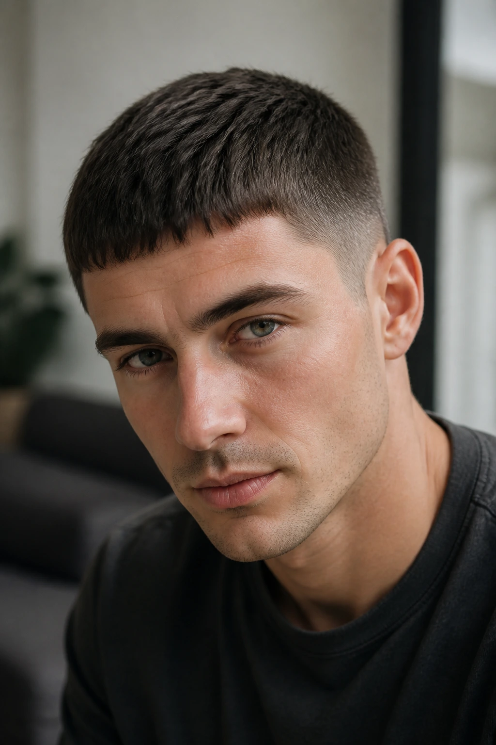 Portrait of a real man with a Caesar cut and forward-brushed fringe