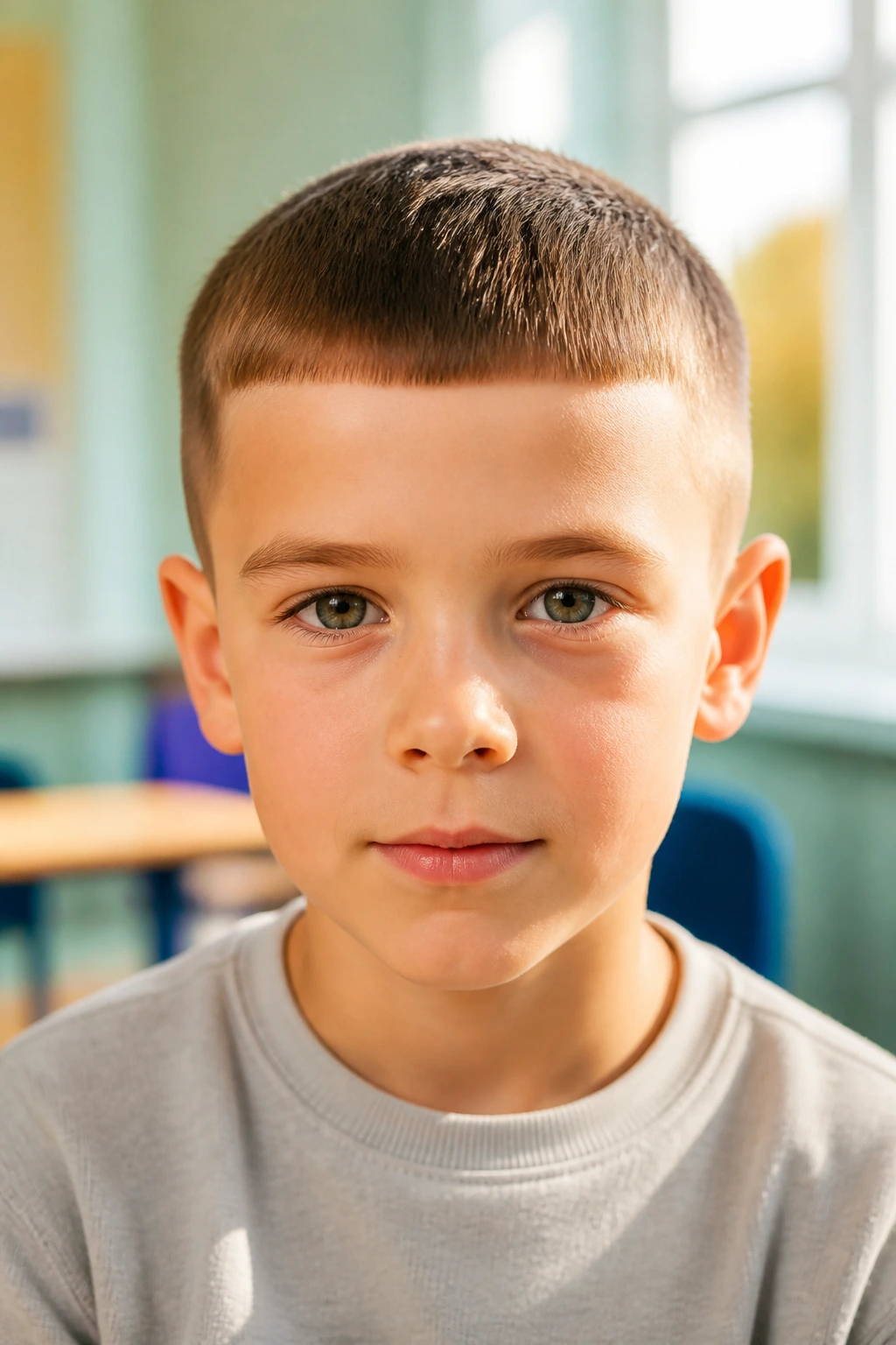 Close-up portrait of a child with a Caesar cut in a sunlit classroom