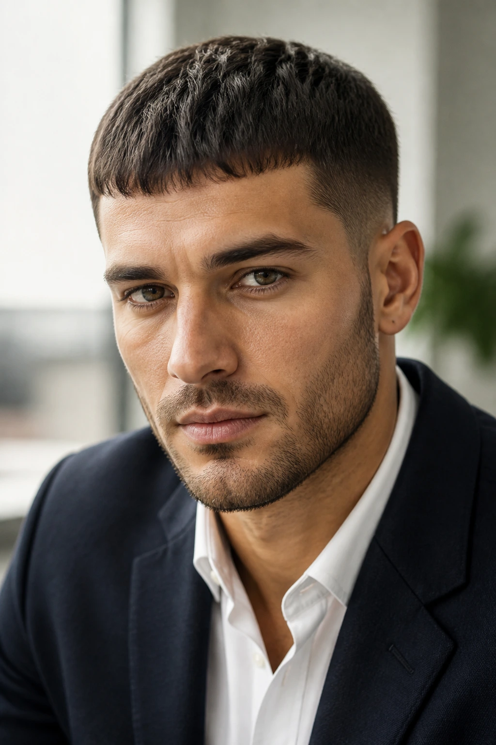 Close-up portrait of a man with a Caesar cut in an office setting
