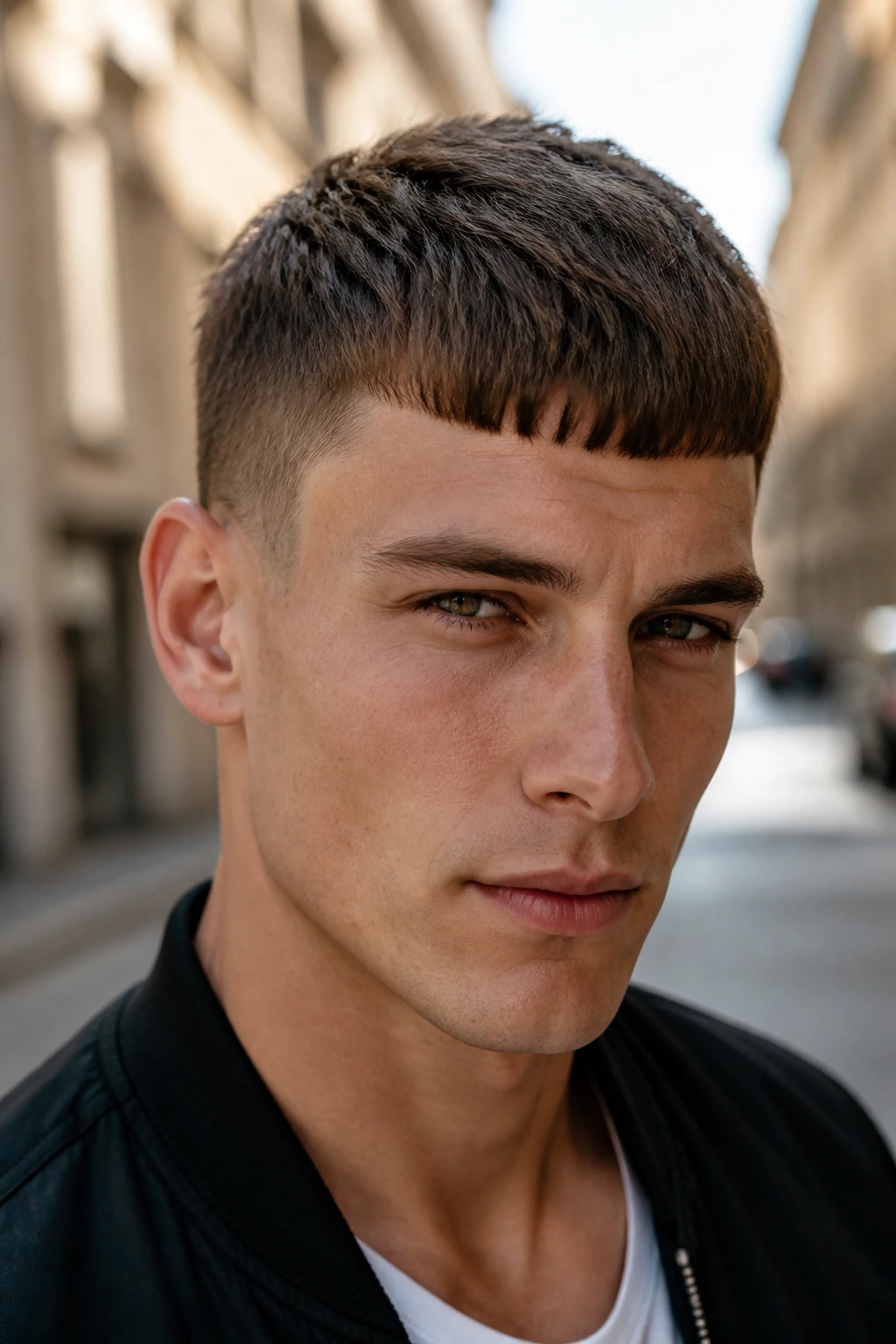 Close-up portrait of a man with a Caesar cut in outdoor urban setting