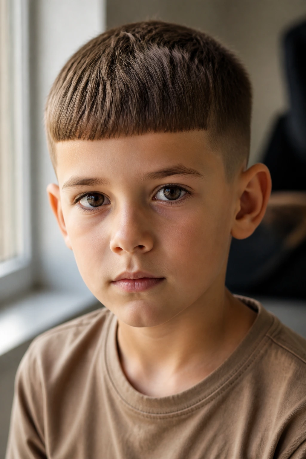 Close-up of real boy with Caesar cut and forward fringe in natural light