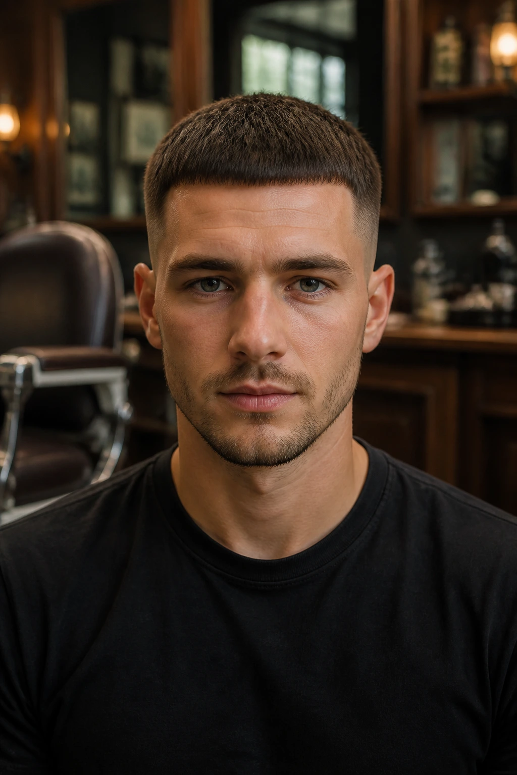 Man with Caesar cut and short edge in warm barber shop lighting