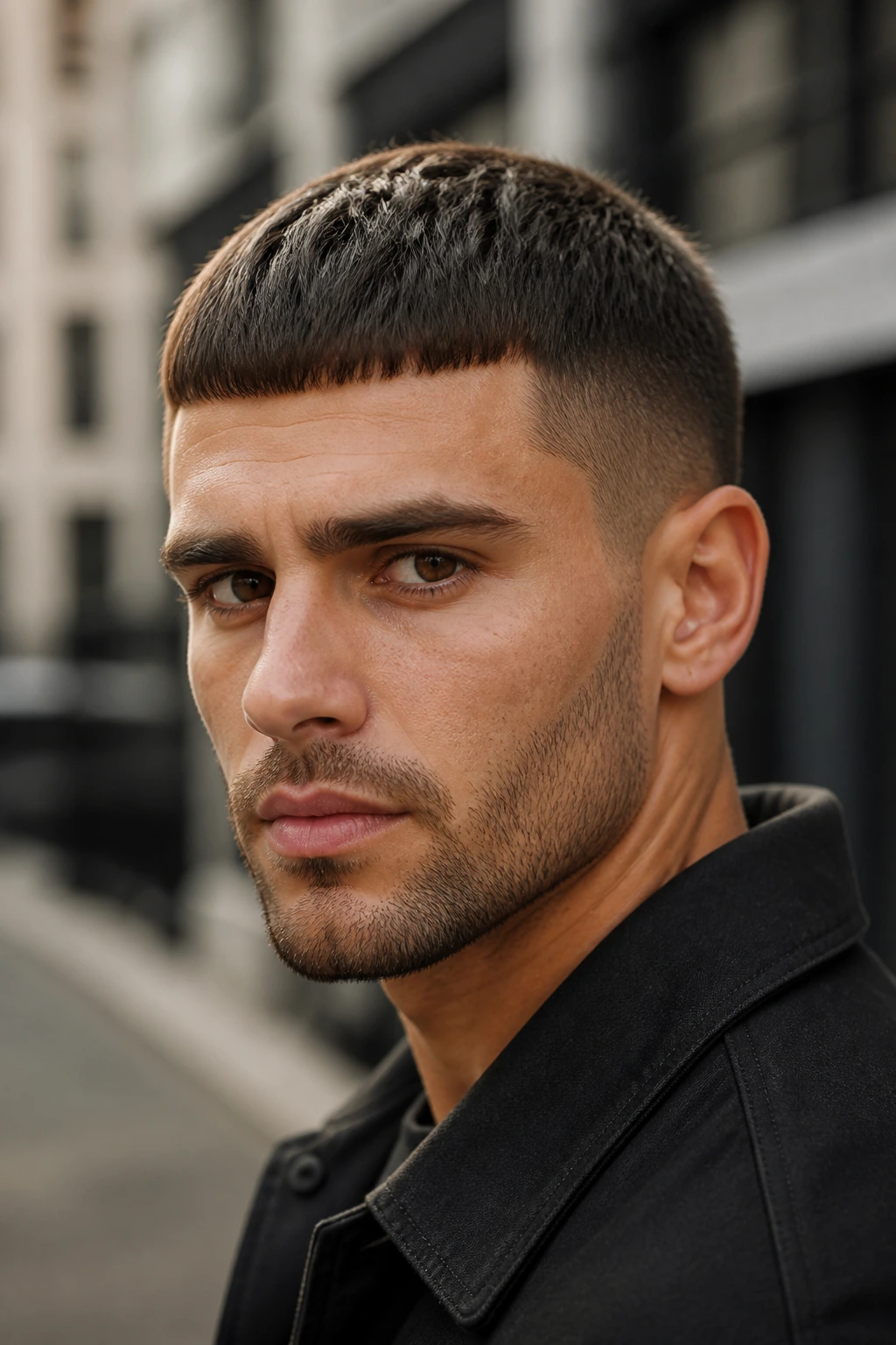 Close-up of man with Caesar cut and clean edge