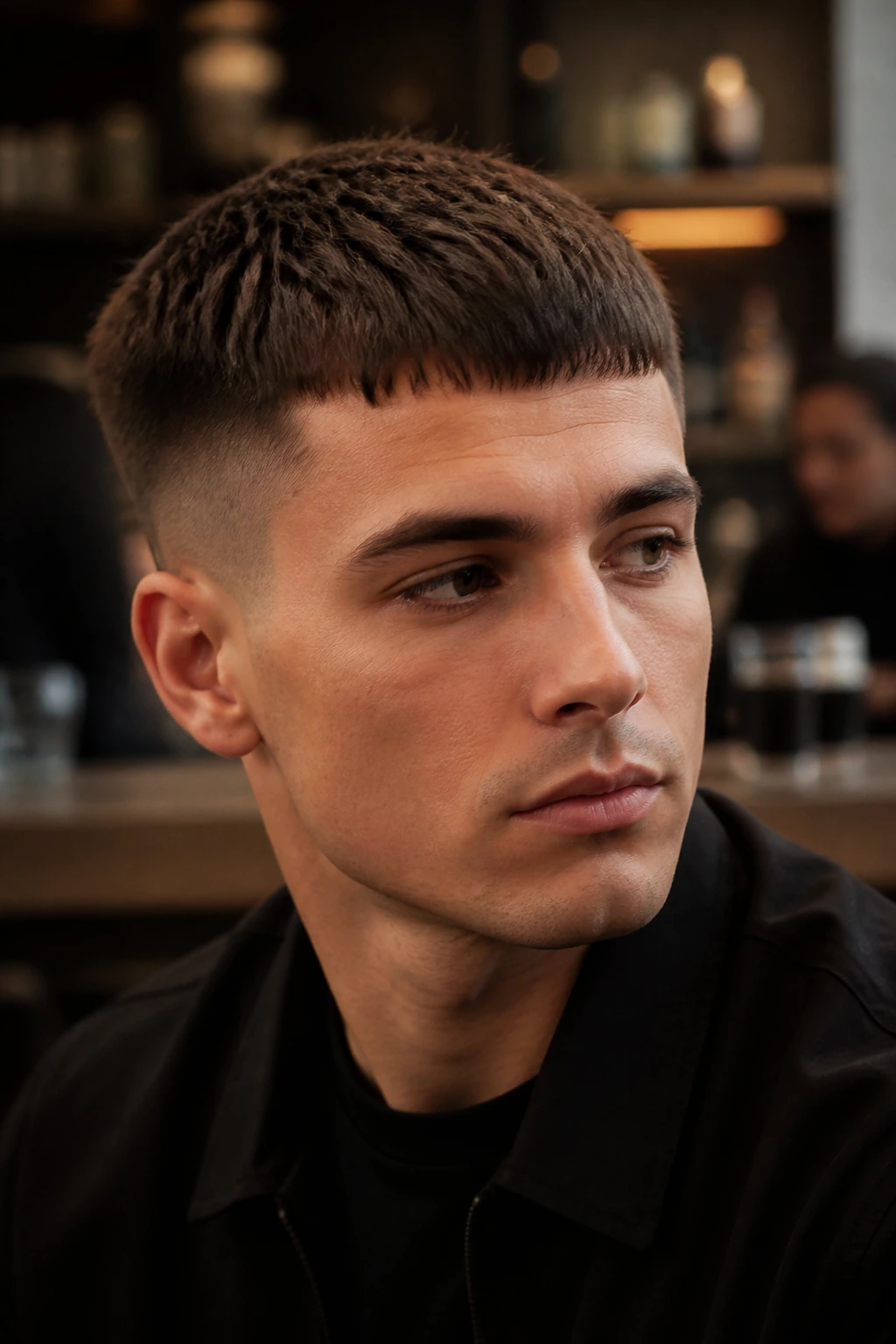 Close-up portrait of a man with a Caesar cut fringe in a cafe setting