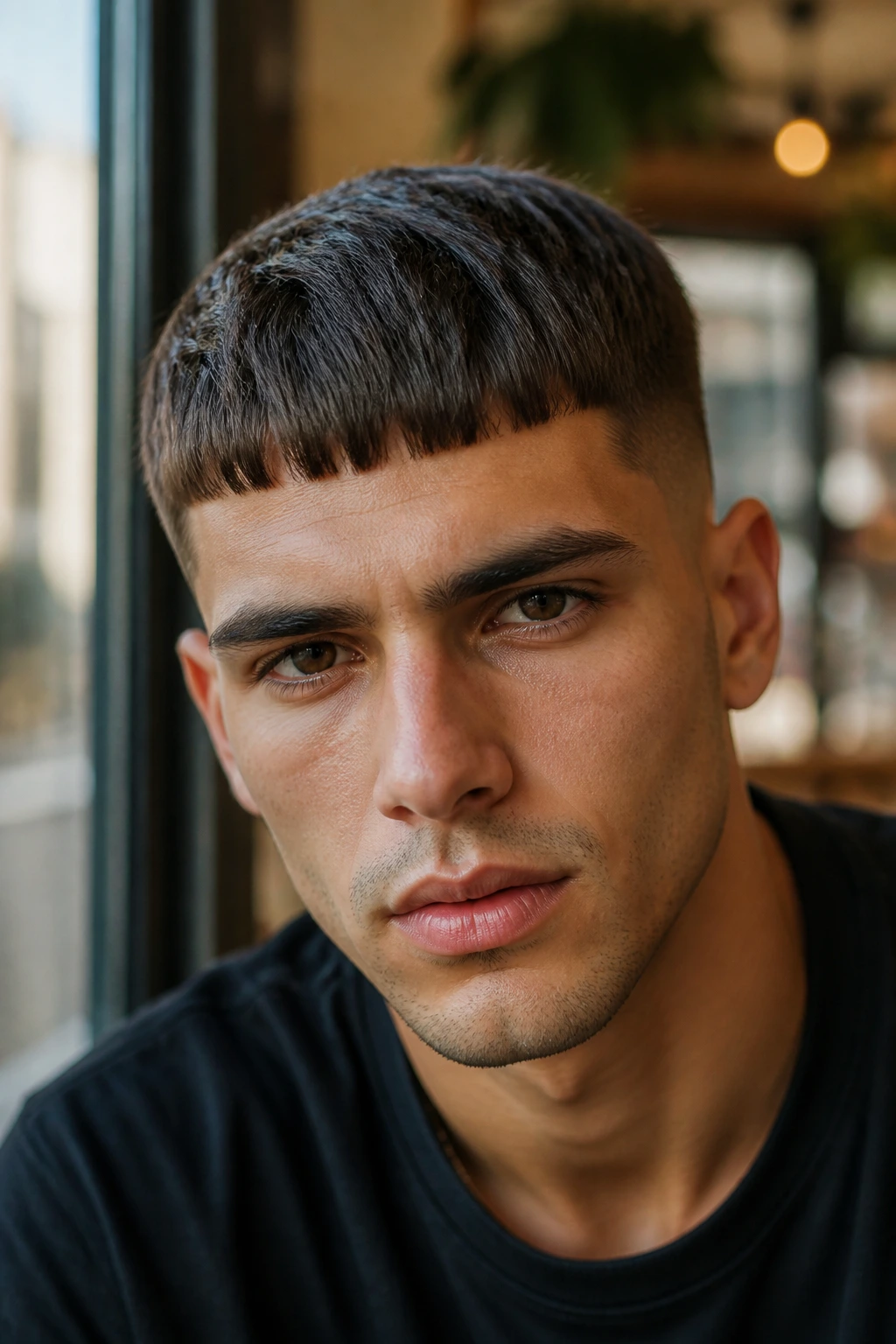Close-up portrait of a man with a Caesar cut and forward fringe